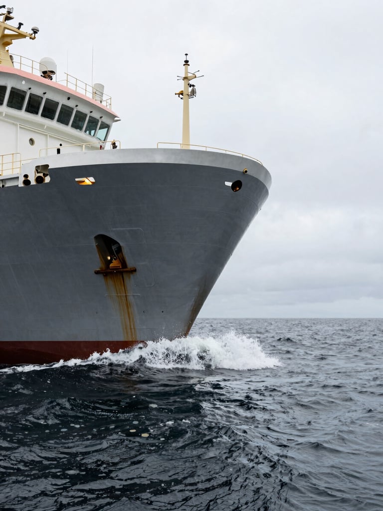 Low-angle wide shot of a heavy steel utility vessel hull cutting through dark gray ocean swells under overcast daylight, cold industrial tone.