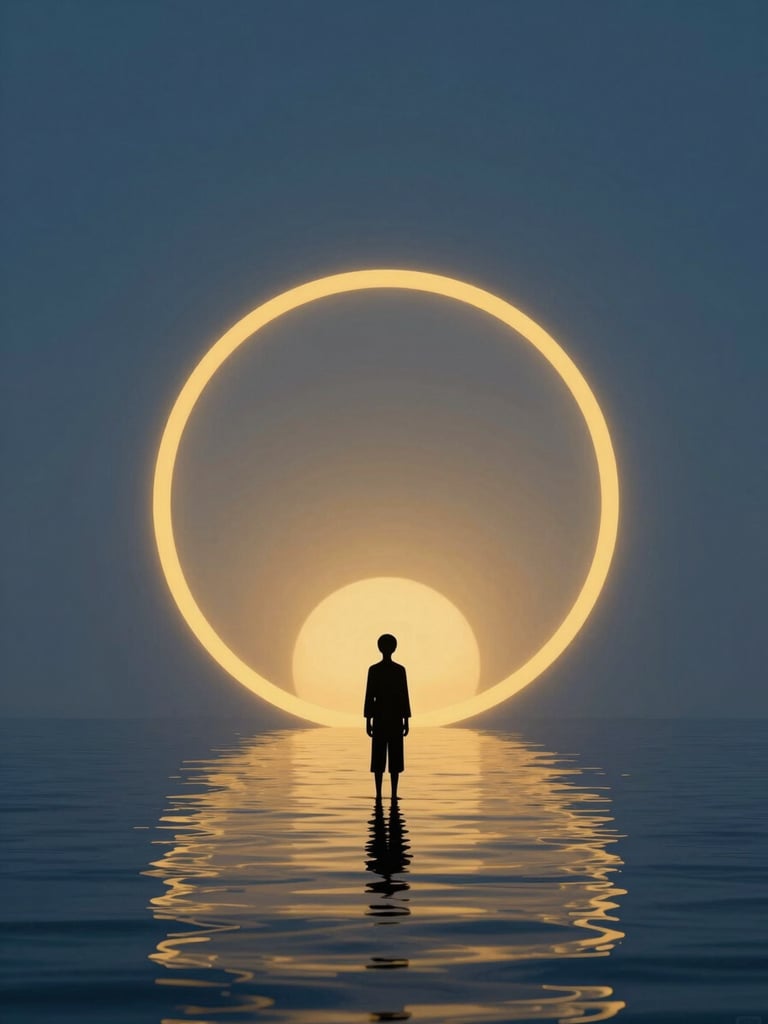 Minimalist 3D render of a single serene silhouette standing before a massive golden ring of light, calm ocean horizon, twilight