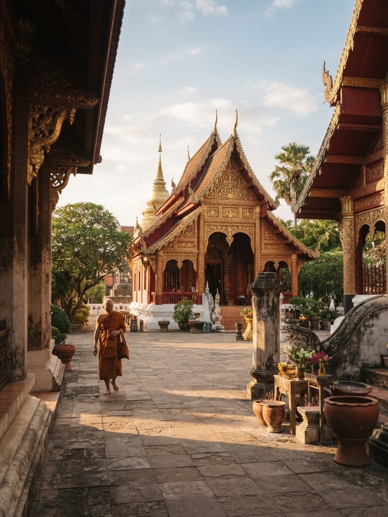 Warm editorial travel photography of a quiet temple courtyard in Chiang Mai, golden hour sunlight casting long shadows, soft natural tones, 35mm film look