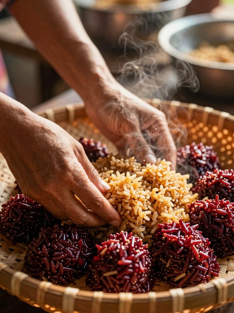 Close-up of golden hands placing steaming sticky rice into a traditional woven bamboo basket, warm morning light, shallow depth of field, authentic Thai kitchen setting