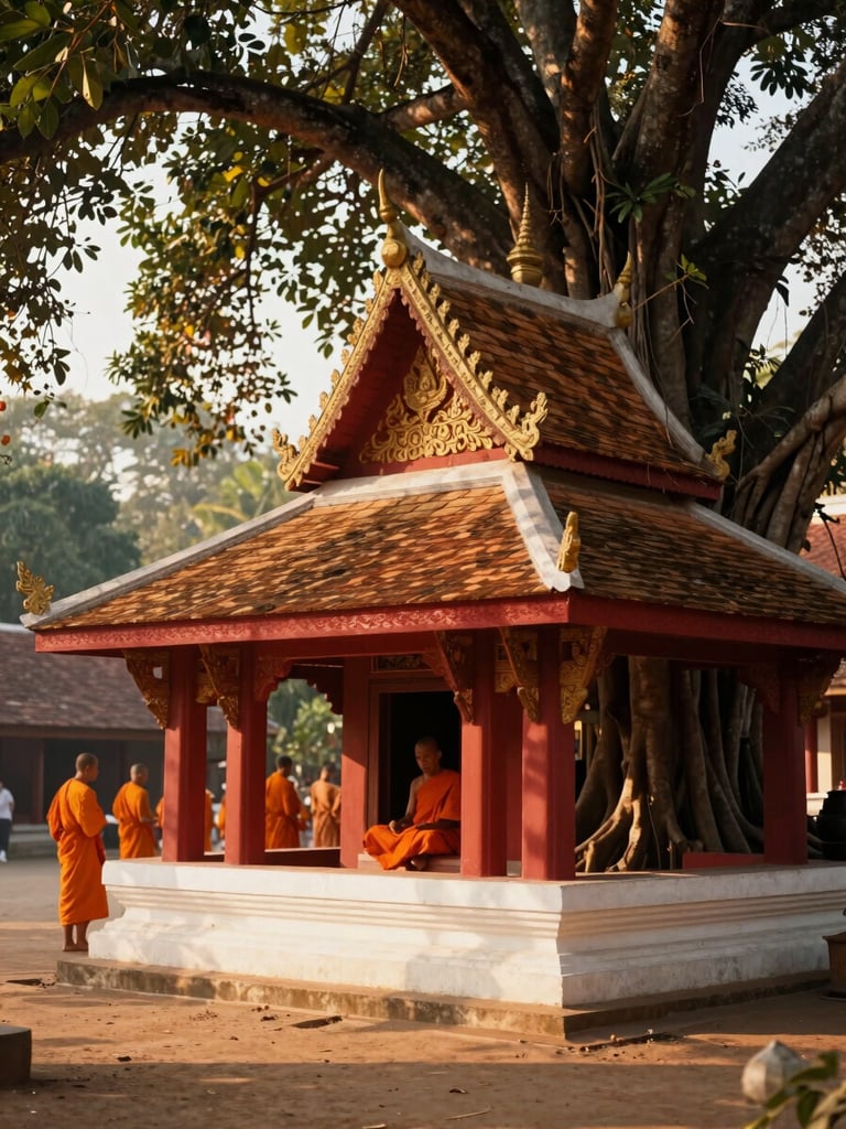 Quiet Buddhist temple corner in Northern Thailand, soft morning light filtering through ancient banyan trees, orange robes of a monk visible in the background, warm editorial travel photography