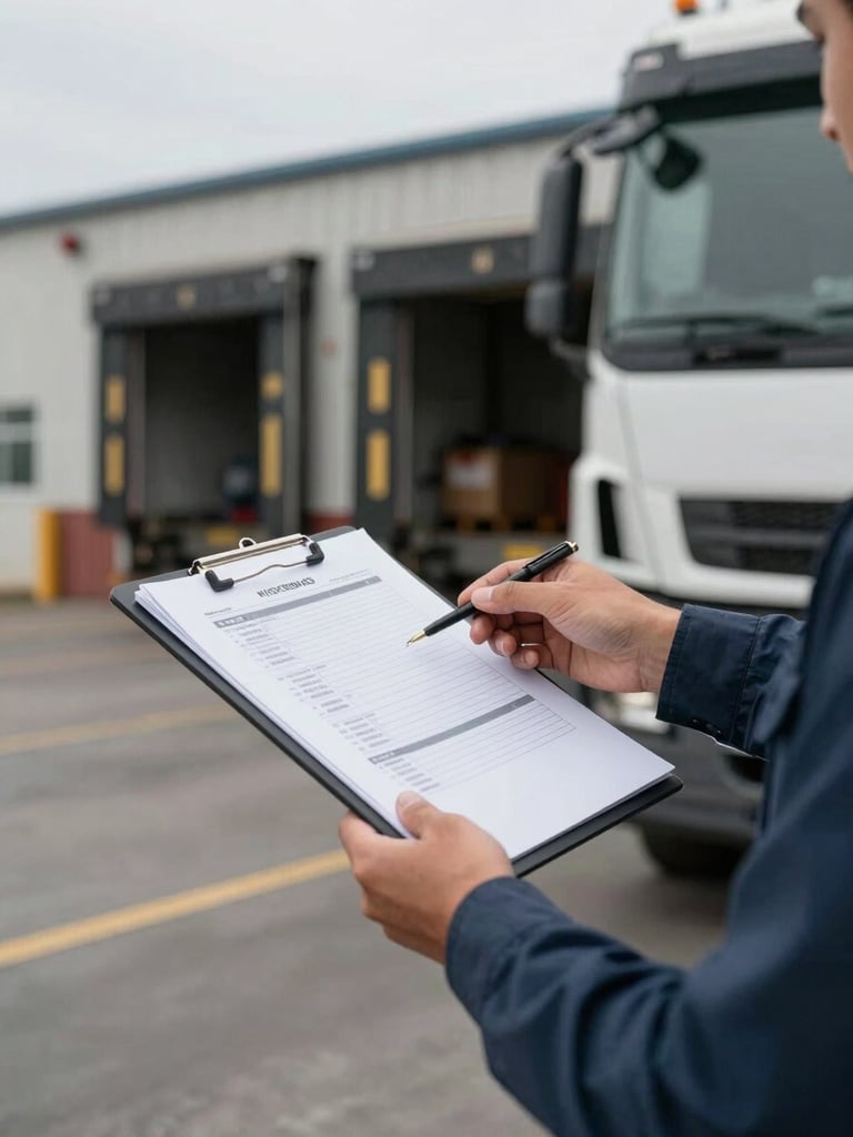 Close-up of a truck driver performing a documented cargo handoff at a warehouse dock, clipboard with manifest visible, overcast natural light, industrial loading bay background