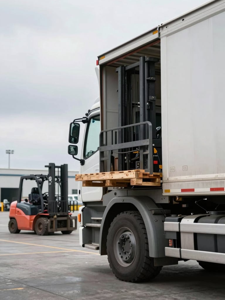 Close-up of a full freight truck being loaded at a warehouse dock under flat overcast light, forklift visible in background moving a pallet, concrete floor and industrial scale evident
