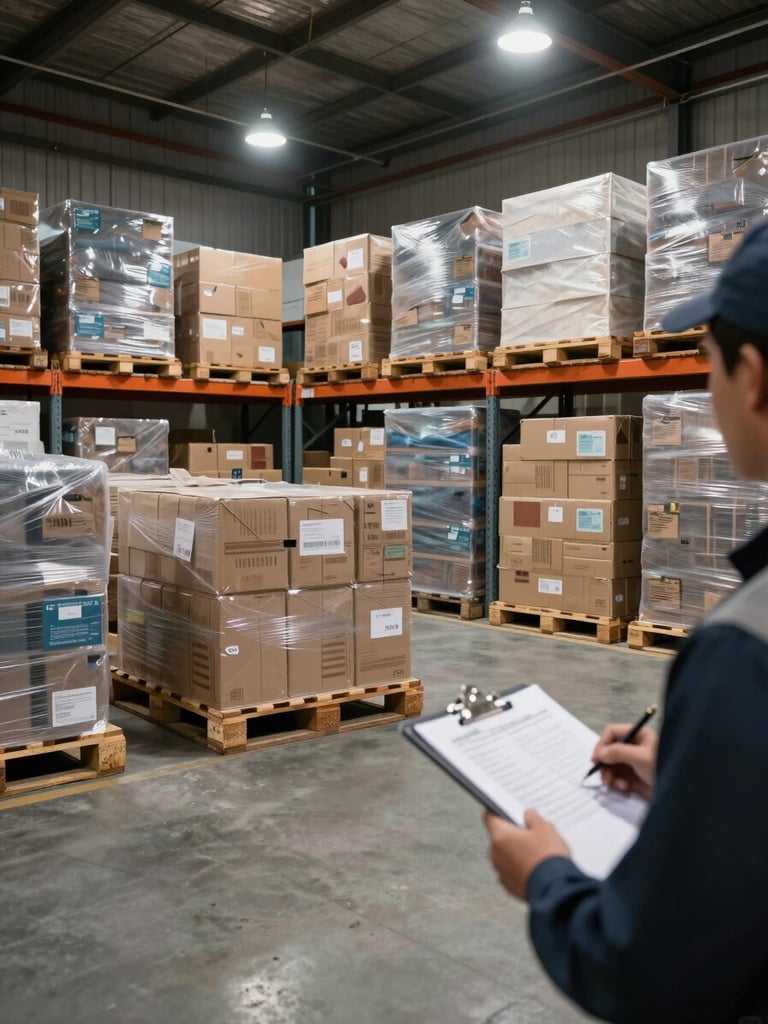 Wide shot of a warehouse interior with pallets of mixed cargo consolidated on a dock floor under industrial ceiling lights, a worker with a manifest clipboard in the near-right foreground