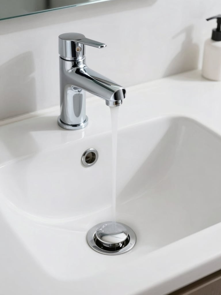 A clean, modern chrome sink siphon under a bathroom vanity, showing immaculate plumbing work, bright daylight, high contrast cool tones.