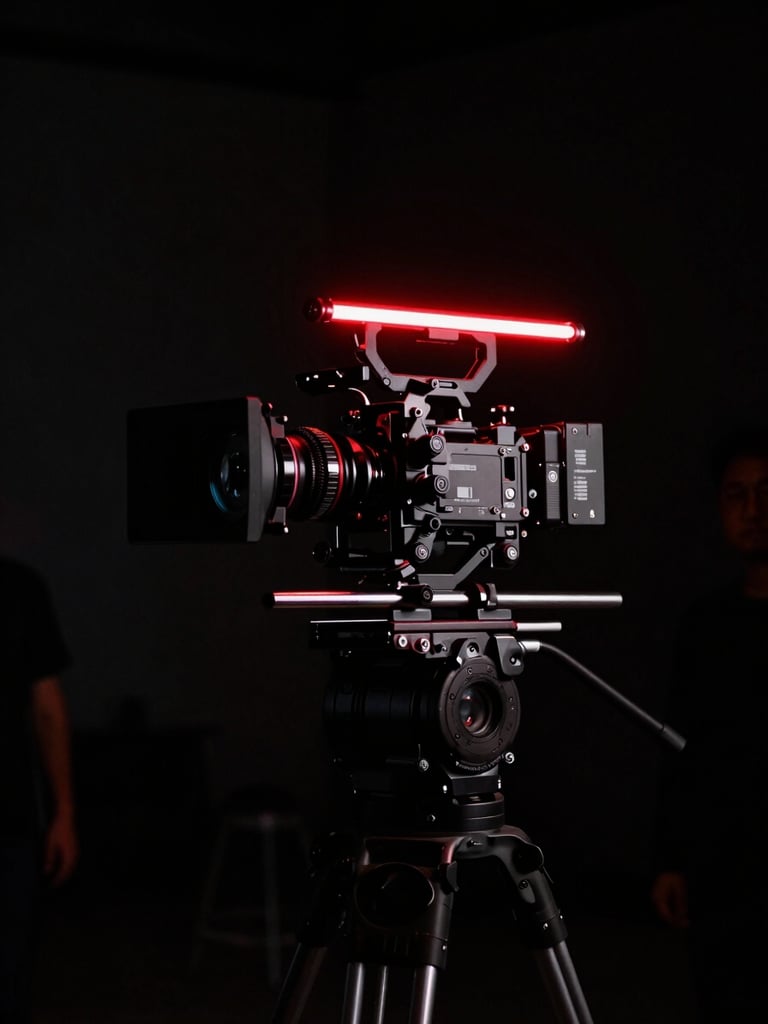 Behind the scenes of an independent film set, low-key lighting with a single red neon stripe illuminating a high-end camera rig, dark shadows, high contrast.