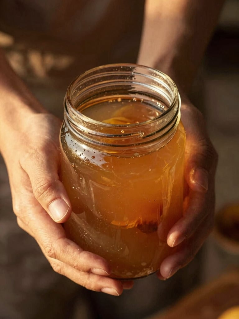 Close-up of hands exchanging a clean glass jar containing rich bone broth, warm golden hour light, rustic background, 35mm