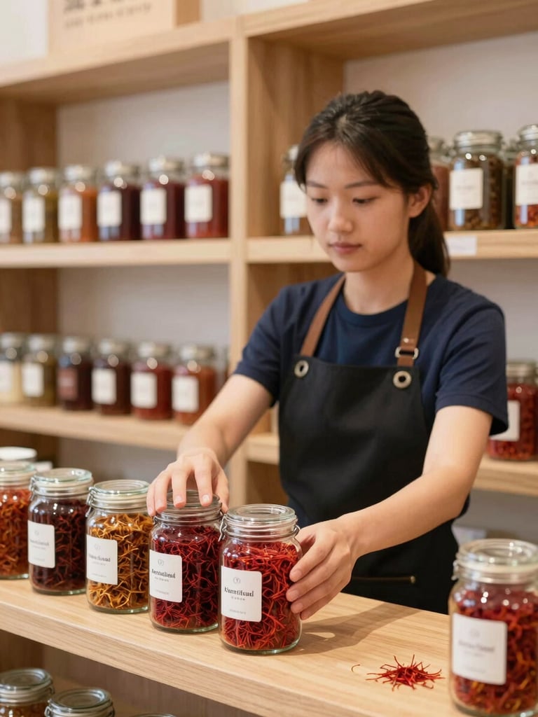 A bright, eye-level shot of a modern boutique store manager carefully placing a premium glass jar of saffron on a clean wooden shelf.
