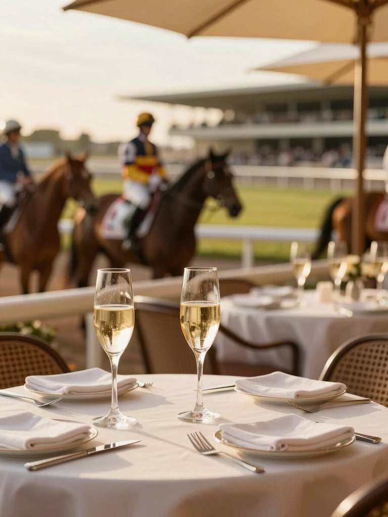 Warm editorial photography of a vibrant outdoor racetrack dining terrace during golden hour, champagne glasses on a table in the foreground, horses blurred in the background, 35mm.