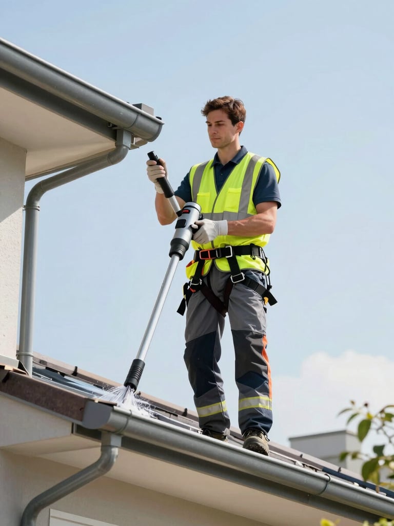 A professional gutter cleaning technician in a high-visibility safety vest and harness, standing next to a clean roofline under bright midday sun, holding specialized vacuum equipment, crisp commercial photography.