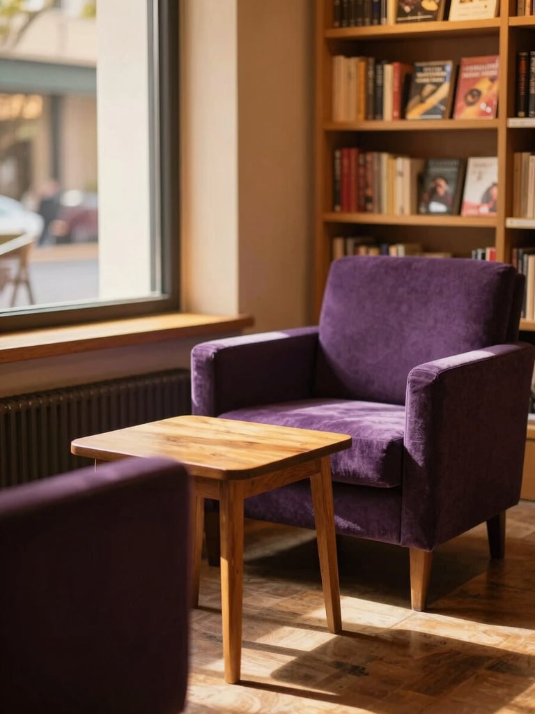 A warm, sunlit corner of a bookstore with cozy armchairs, a small wooden coffee table, and bookshelves in the background