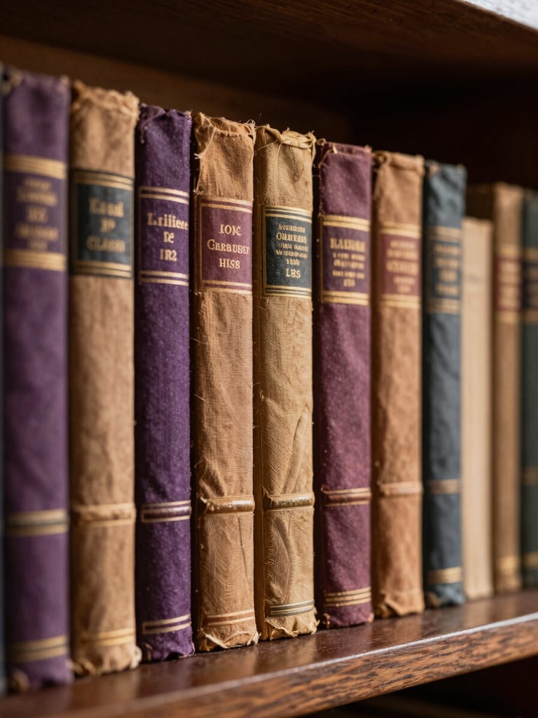 A close-up of worn spines of vintage linen-bound books on a dark wooden shelf, warm directional window light