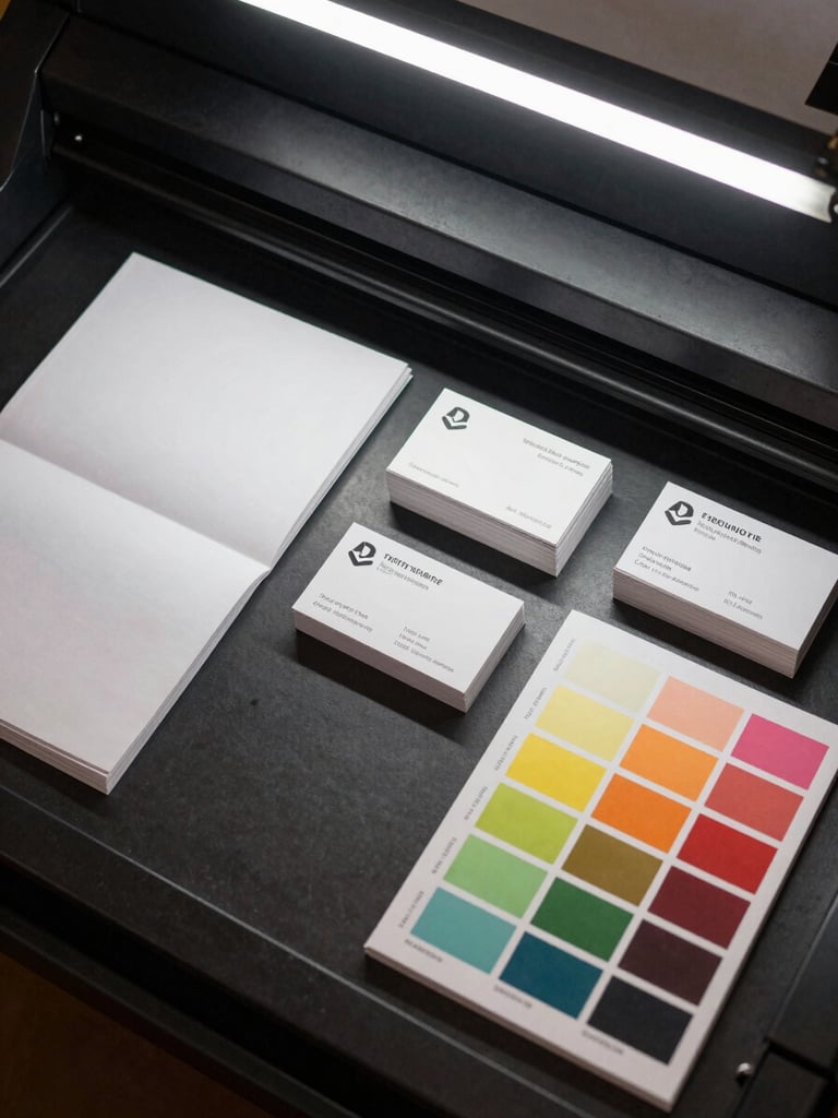 Overhead top-down shot of a completed print order: folded brochures, stacked business cards, and a color swatch booklet arranged on a dark press surface, studio strobe lighting from above, sharp edges and vivid ink colors, no hands, no people