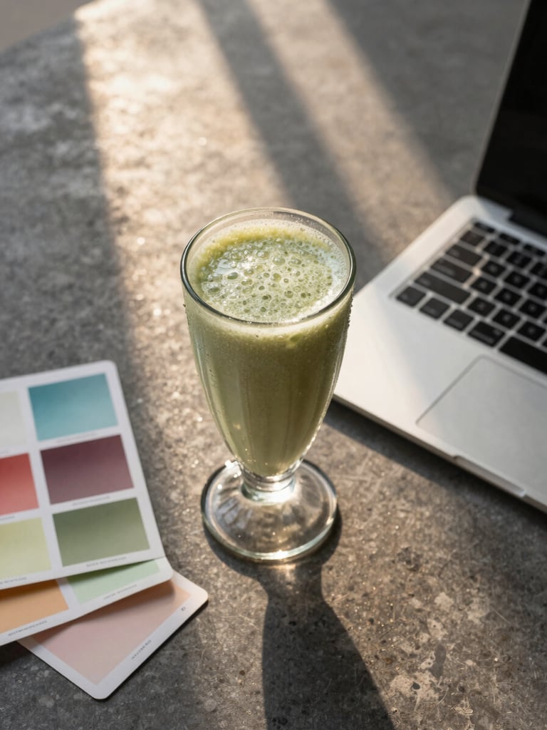 Overhead top-down shot of a perfectly composed batido in a tall glass beside an open laptop and color swatches on a dark concrete surface, golden-hour window light raking across the scene, condensation visible on the glass, no people in frame