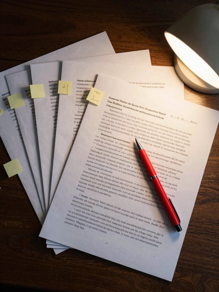 Overhead flat-lay of an open academic thesis on a dark wood desk, multiple pages fanned slightly, handwritten sticky notes visible at page edges, a red-ink pen resting across the text, soft tungsten lamp light warming the right side of the frame, no person visible — only the annotated document and the tools of careful editorial work