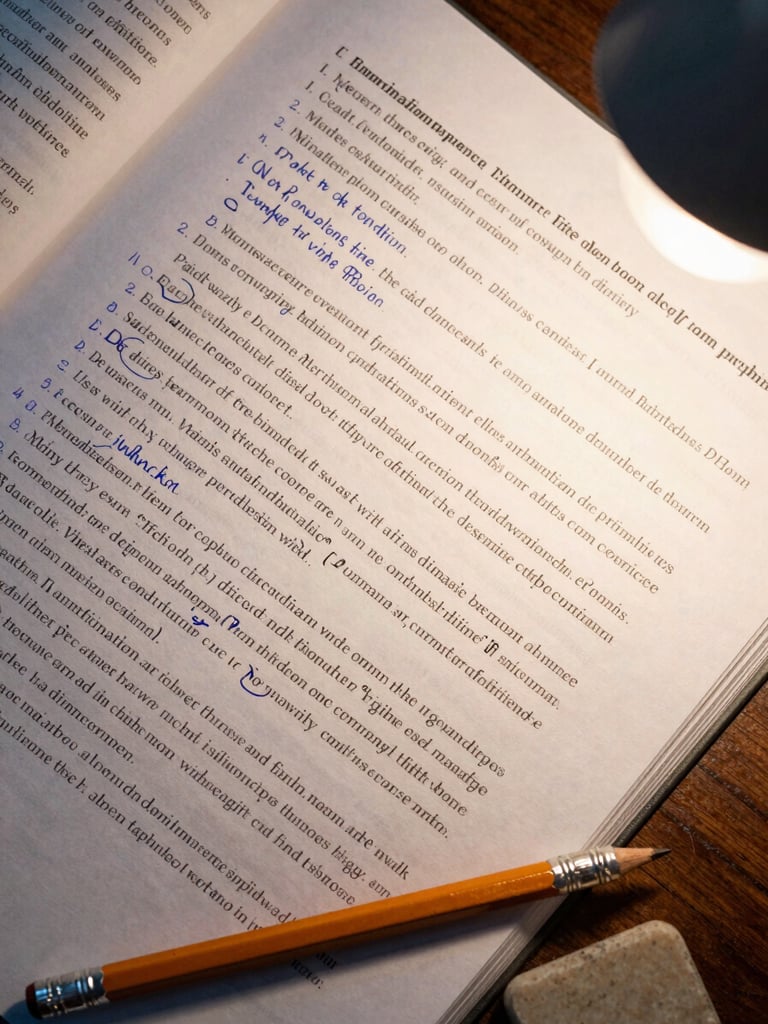 Close-up overhead view of an annotated academic manuscript page, dense handwritten margin notes in blue ink alongside printed text, a pencil and eraser resting at the lower edge, soft tungsten desk lamp light warming the paper from the right, natural shadows across the page surface