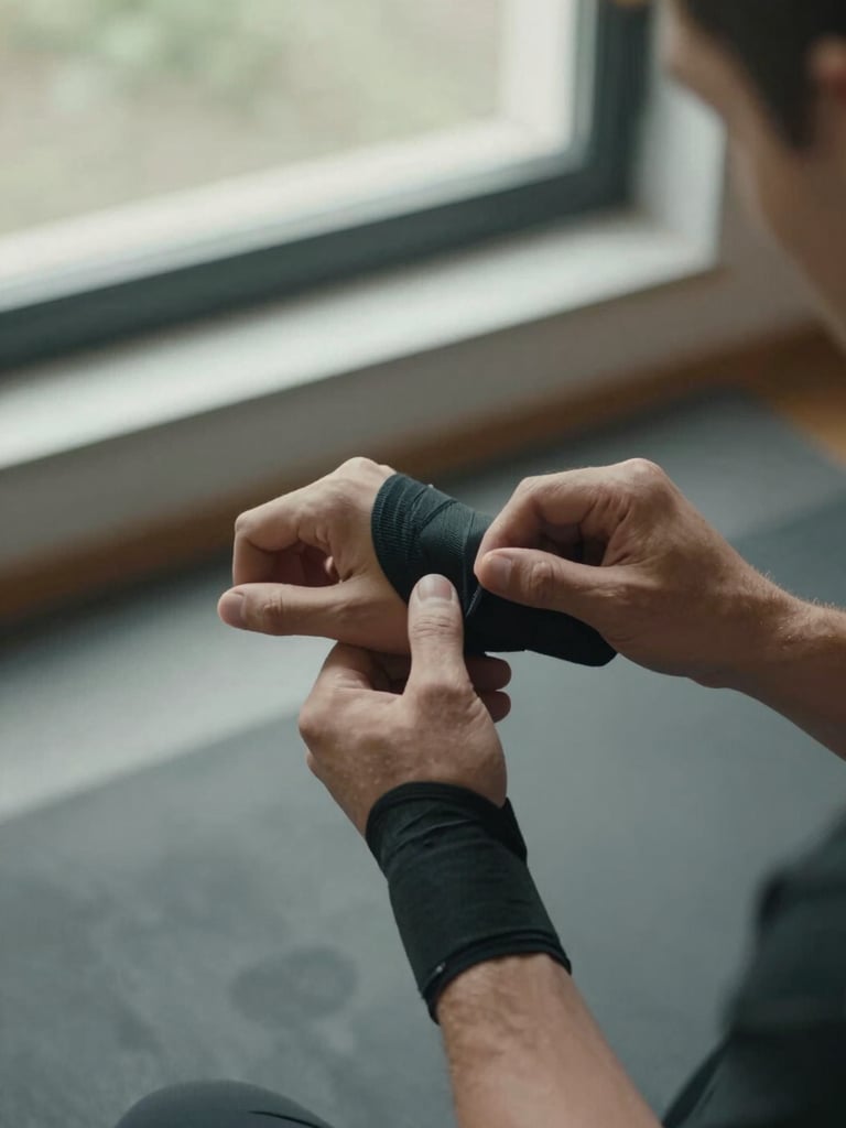 Close overhead frame of two hands adjusting athletic tape on a wrist, natural light from a gymnasium window, training mat surface visible below, quiet focused atmosphere