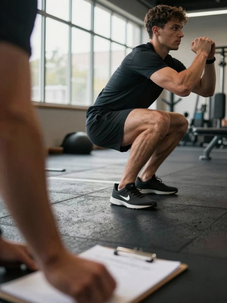Close side-angle view of an athlete mid-squat in a real training gym, foot plant precise on rubber flooring, natural light from a row of high windows, coach's clipboard visible blurred in the foreground