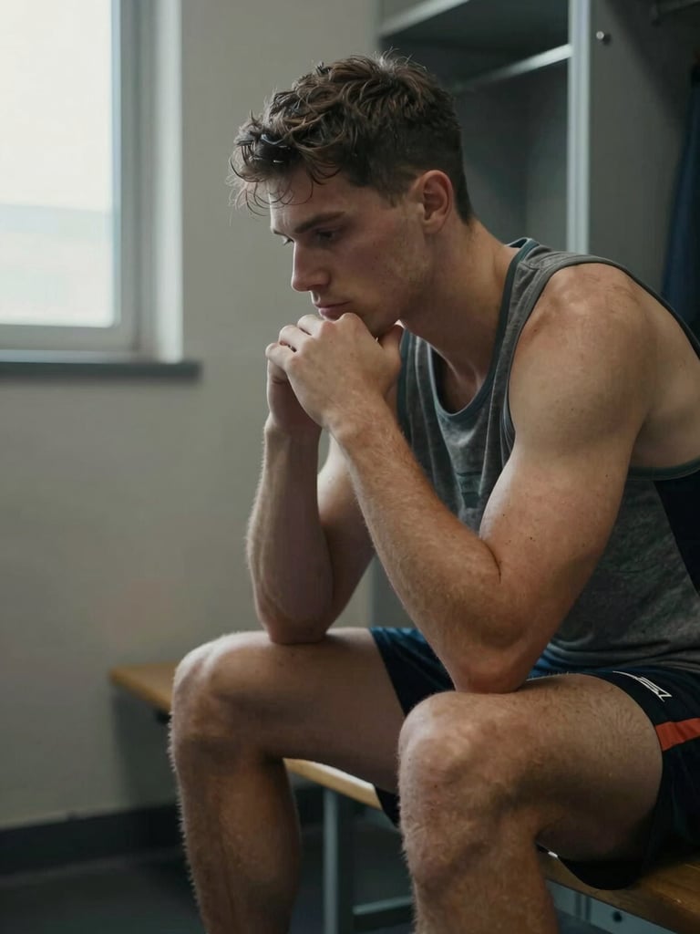 Side-angle close frame of an athlete seated on a bench in a quiet locker room, elbows on knees, eyes cast downward in focused thought, natural window light from the left, worn athletic gear visible, atmosphere of deliberate reflection