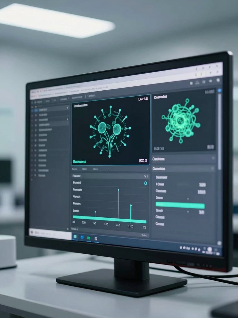 Macro photography of a clean, minimalist software interface displaying real-time microbiology monitoring data, cool diffused ISO 5 cleanroom light, sharp technical layout, slate and teal accents.