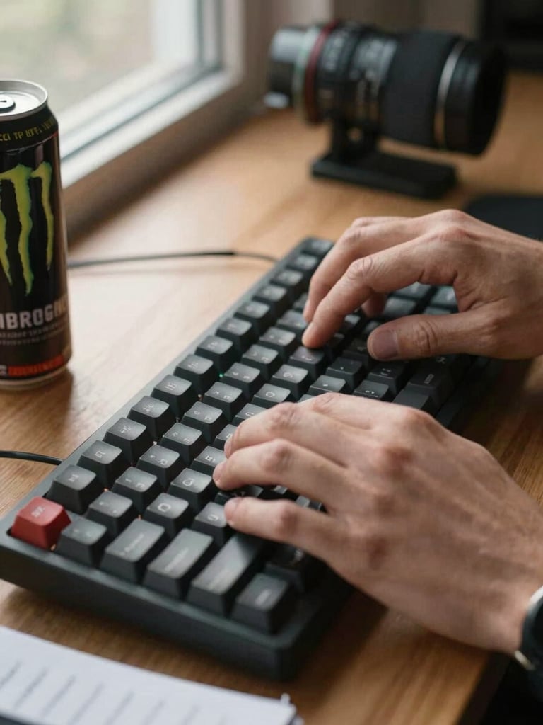 Close-up of hands on a mechanical keyboard, warm natural light from a window to the left, energy drink and a handwritten paper notebook visible at the edge of the frame, developer workspace context