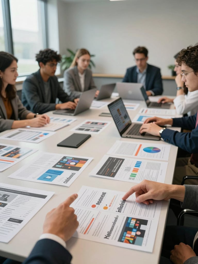 Wide environmental shot of a strategy session in progress — marketing team gathered around a conference table covered in printed campaign briefs and open laptops showing analytics dashboards, natural daylight from large windows on the left, close environmental detail of hands pointing at a printed media plan in the foreground, neutral office setting, no staged expressions
