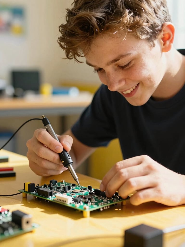 Close-up energetic shot of a smiling teenager soldering a circuit board in a bright workshop, warm sunshine yellow accents in background, 35mm