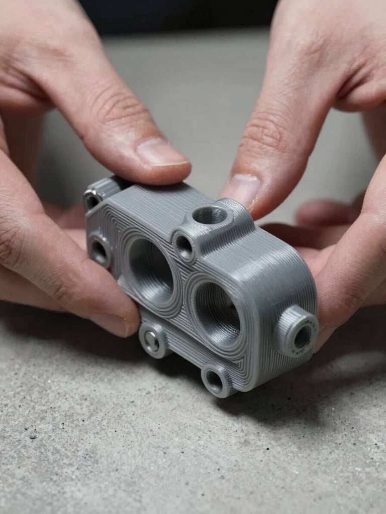 Extreme macro close-up, cool north-facing studio light — two bare hands holding a complex grey 3D-printed mechanical part with visible layer topology and precision-machined holes, set against a raw concrete slab surface. Tight framing shows surface finish detail and part geometry. No warmth, no glow, no background clutter.