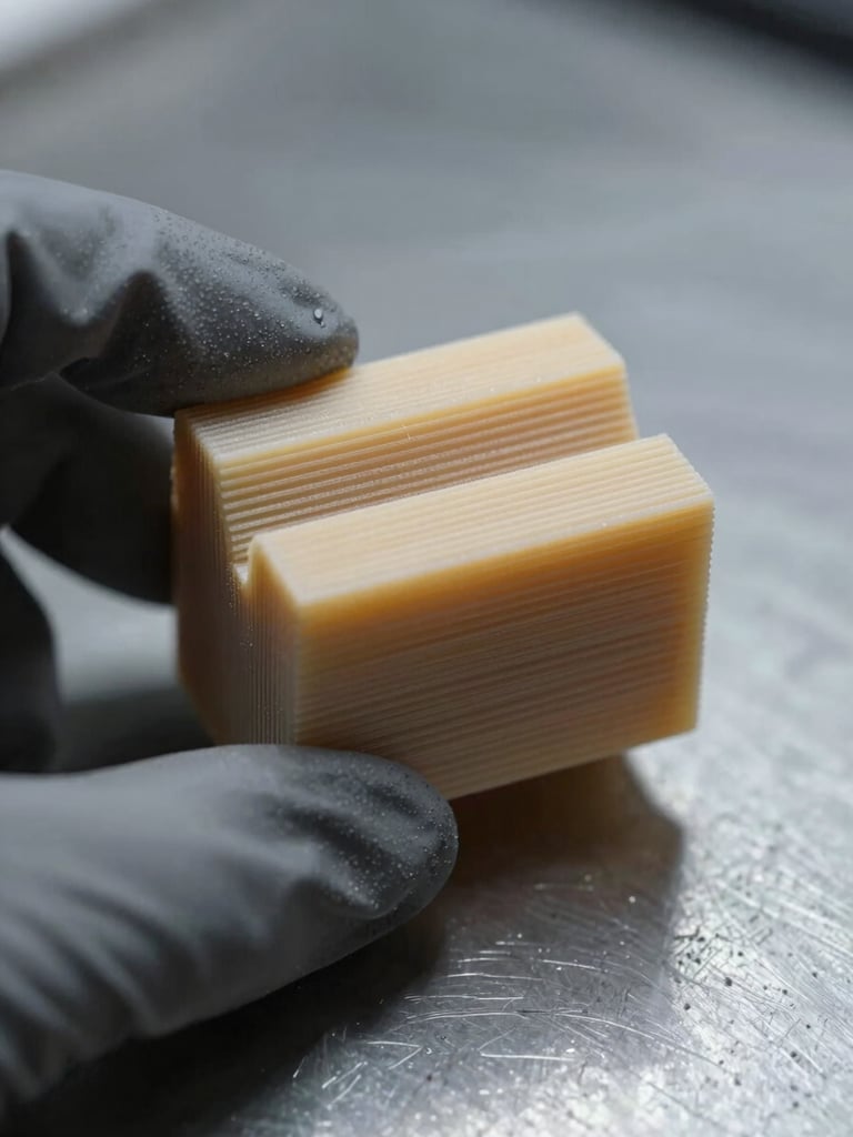 Macro close-up of a finished 3D-printed prototype part held between two gloved fingers against a gray steel surface, cool north-facing studio light, sharp focus on layer texture and tight tolerances, no background clutter