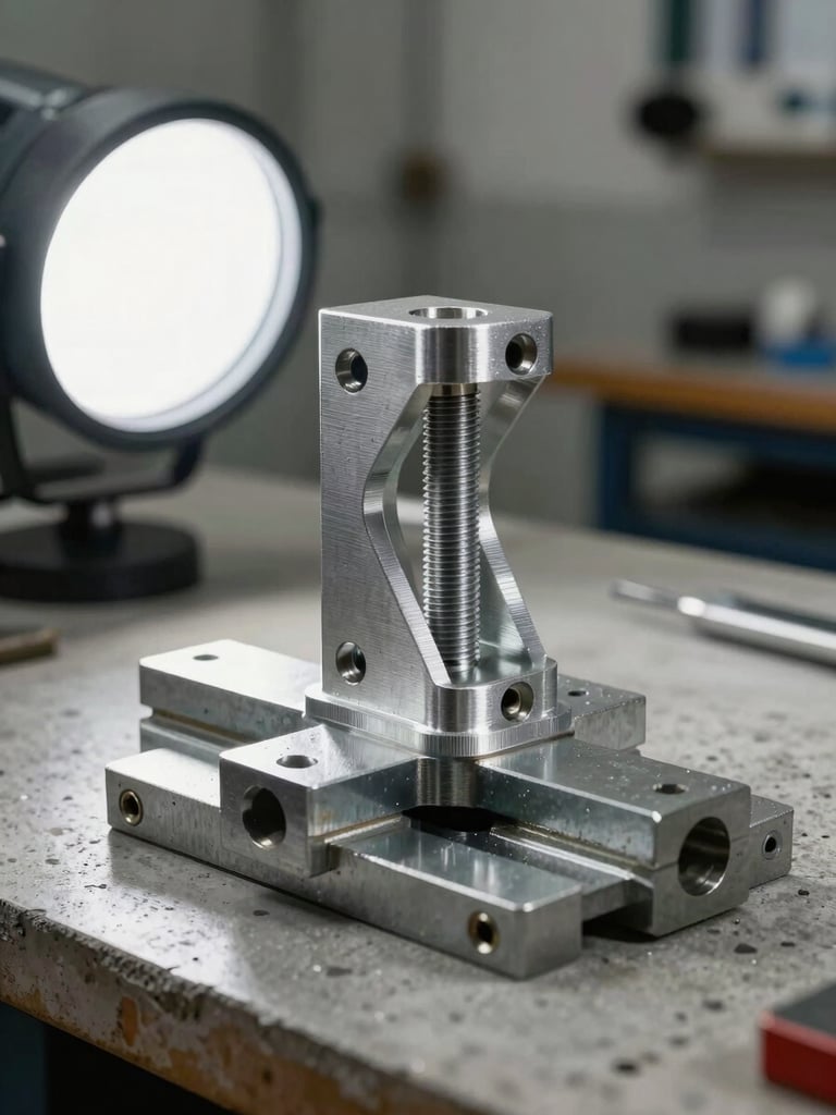 Macro shot of a custom-manufactured 3D-printed mechanical bracket installed in a steel jig on a concrete workshop bench, cool studio strobe light from the left, sharp focus on surface finish and thread detail, no people visible