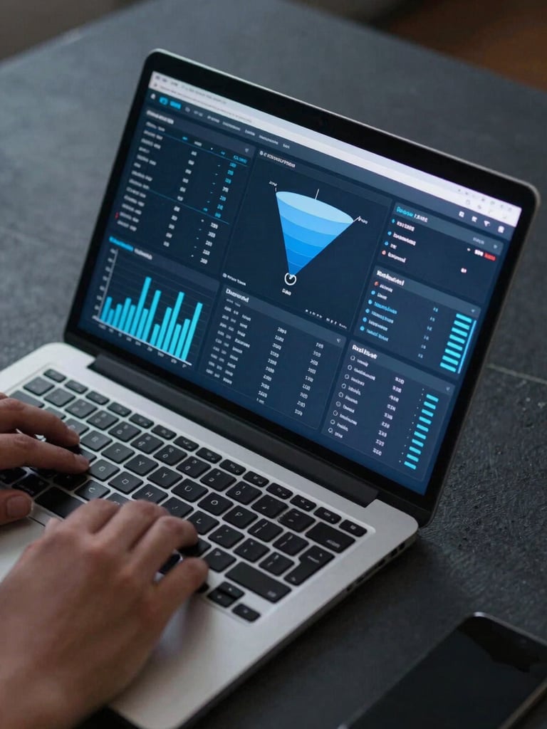 Close overhead shot of a laptop screen displaying a live performance dashboard with clean data visualizations — bar charts and funnel metrics in cool blue tones — resting on a dark slate desk surface under cool studio lighting, hands partially visible at keyboard edge, no people in frame
