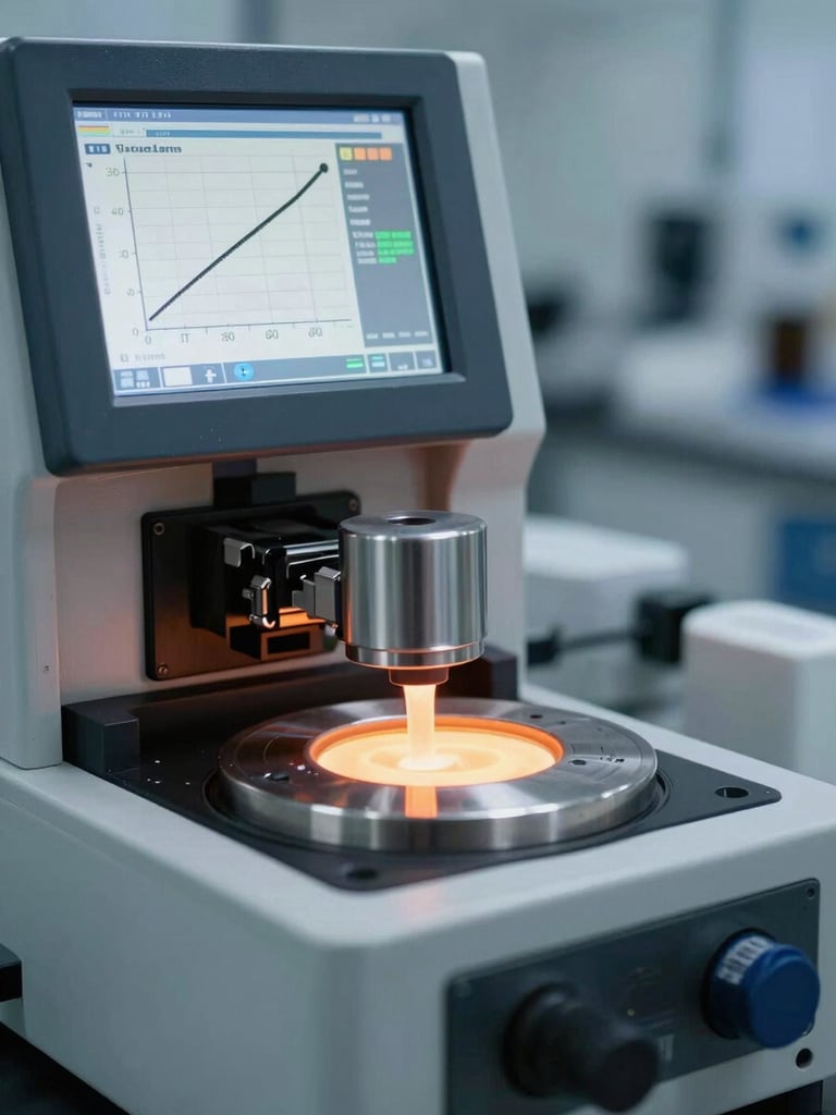 Close-up of a laboratory spectrometer screen displaying elemental analysis graphs, cool clean laboratory lighting, sharp details, 50mm