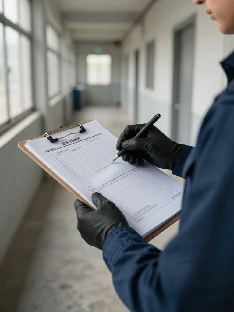 Close-up detail of a uniformed crew member reviewing a printed checklist on a clipboard inside an empty facility corridor, harsh daylight from a window to the left, sharp focus on the document and gloved hand, concrete floor visible below