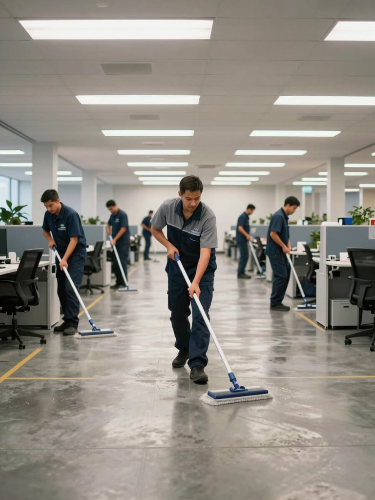 Wide environmental shot of a uniformed janitorial crew mopping a large commercial office floor under harsh overlit fluorescent daylight, crew members in branded uniforms actively pushing mops across polished concrete, full room visible with rows of workstations in the background, sharp focus on the cleaned surface ahead of the mop line, no people standing idle
