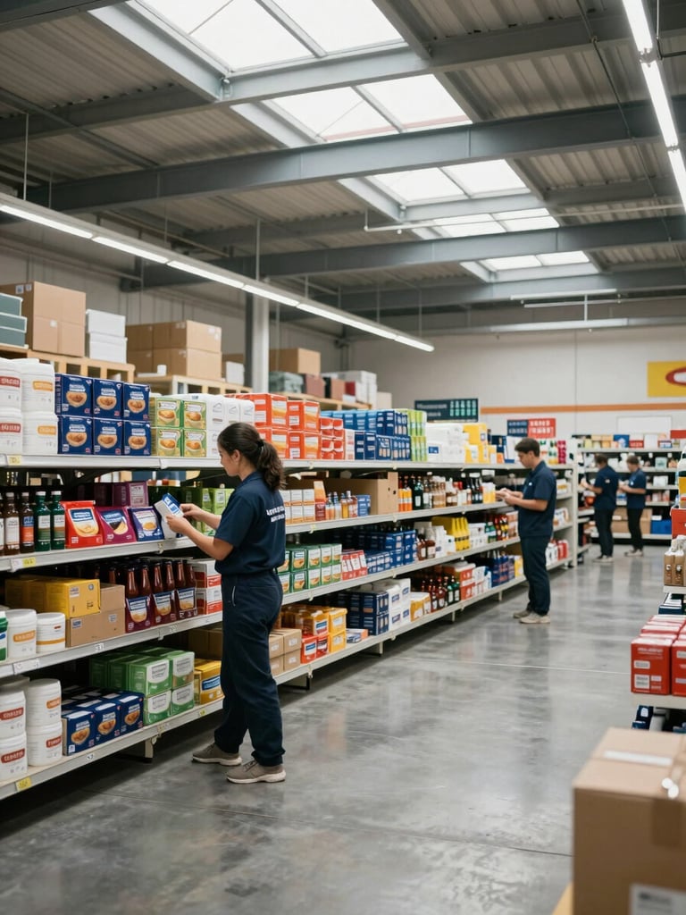 Wide environmental shot of a large retail back-of-house area, overcast daylight through skylights, a uniformed crew member in branded uniform restocking and organizing supply shelves in the foreground, clean sealed concrete floor visible, crisp focus on organized inventory, no people idle