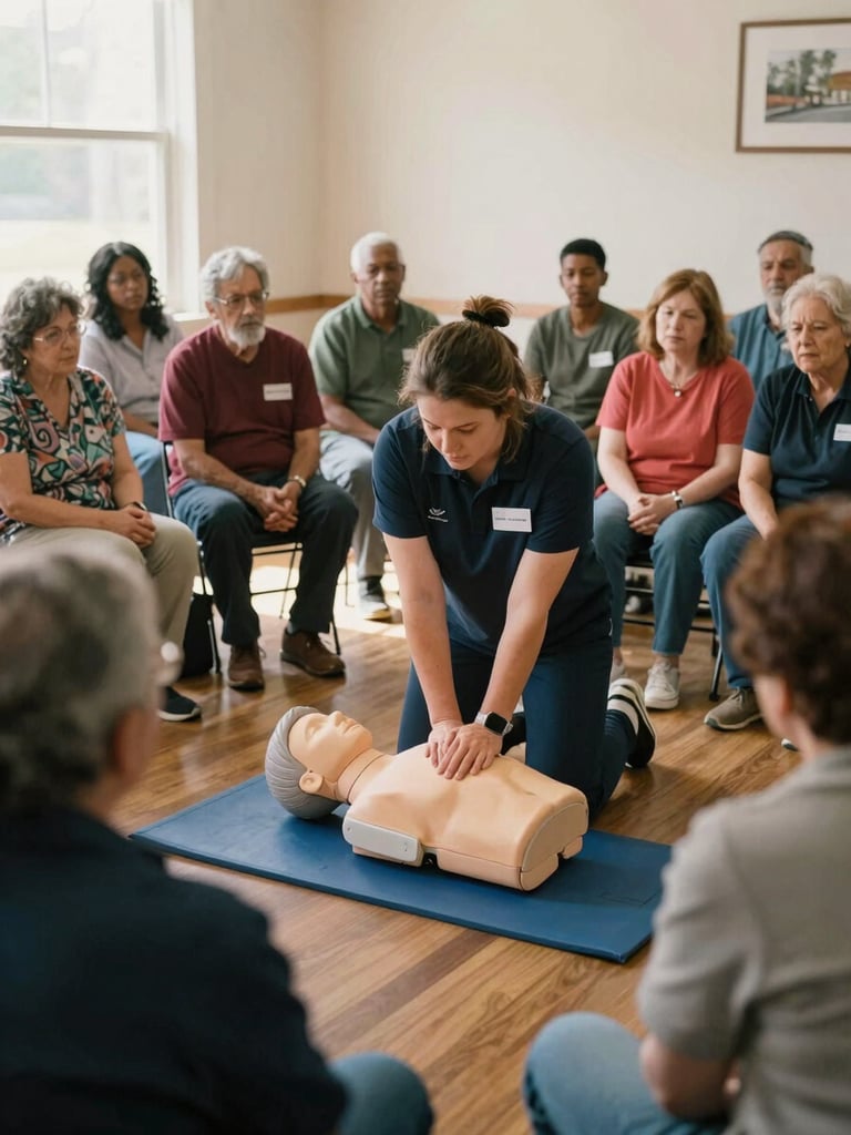 A local Ohio neighborhood health workshop, a female instructor demonstrating CPR on a training mannequin to an attentive group of diverse residents, soft natural light, documentary style.