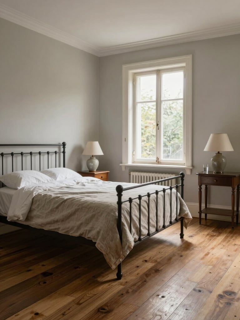 Environmental wide shot of a guest bedroom interior, north-facing natural light falling across wide-plank floorboards, an iron bedstead with worn linen, a sash window with peeling white paint, a bedside table with a ceramic lamp and a water glass, the room shown as guests will actually find it