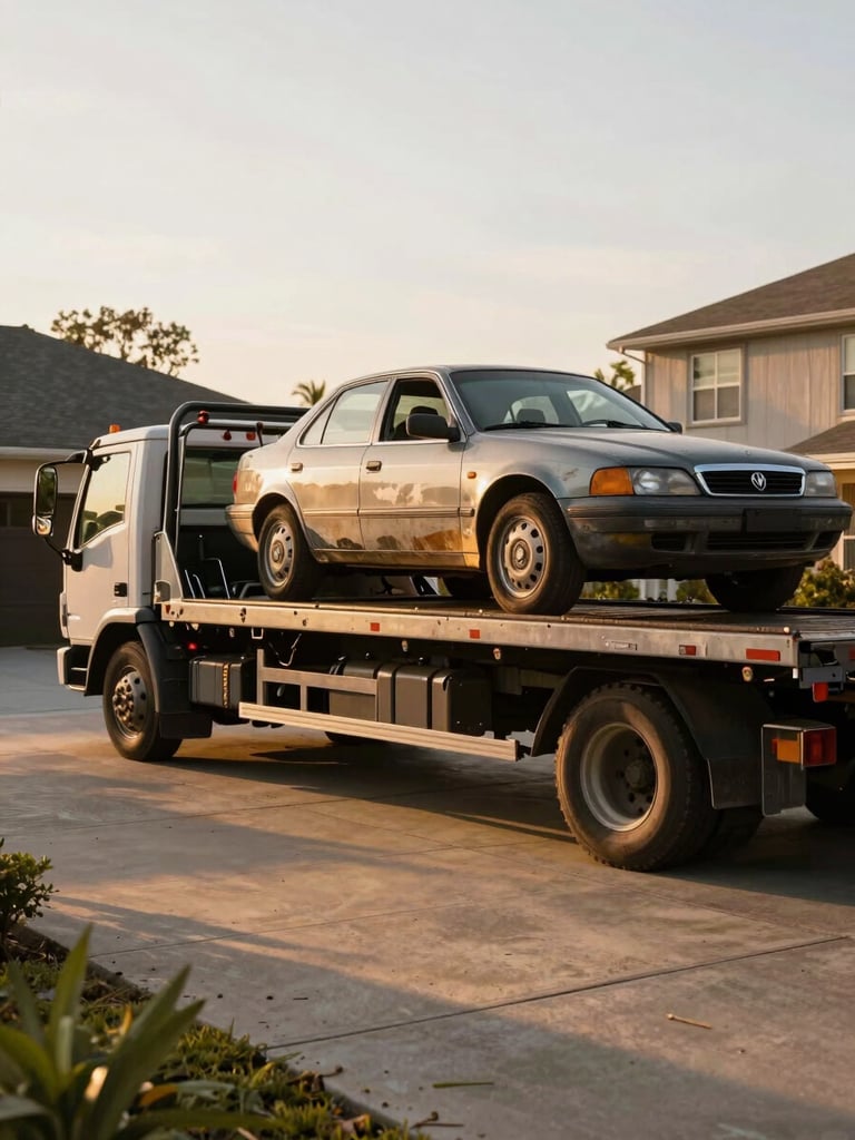 Wide environmental shot from passenger-side angle of a flatbed tow truck mid-load in a residential driveway at golden-hour morning light, worn sedan being winched up the ramp, driver visible near controls, concrete driveway in foreground, warm directional sun casting long shadows