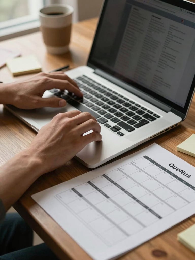 Close-up editorial frame: two pairs of hands over an open laptop keyboard and a printed content calendar spread flat on a wooden table, natural window light raking from the left, a coffee cup and scattered sticky notes visible at the frame's edge, warm documentary tone, no faces, no text on screen