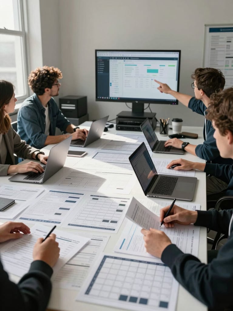 Wide editorial frame: team members gathered around a large table covered in printed content calendars and open laptops, natural window light raking across the workspace from the left, one person pointing at a screen showing an analytics dashboard, hands and papers in sharp focus, documentary style, no posing