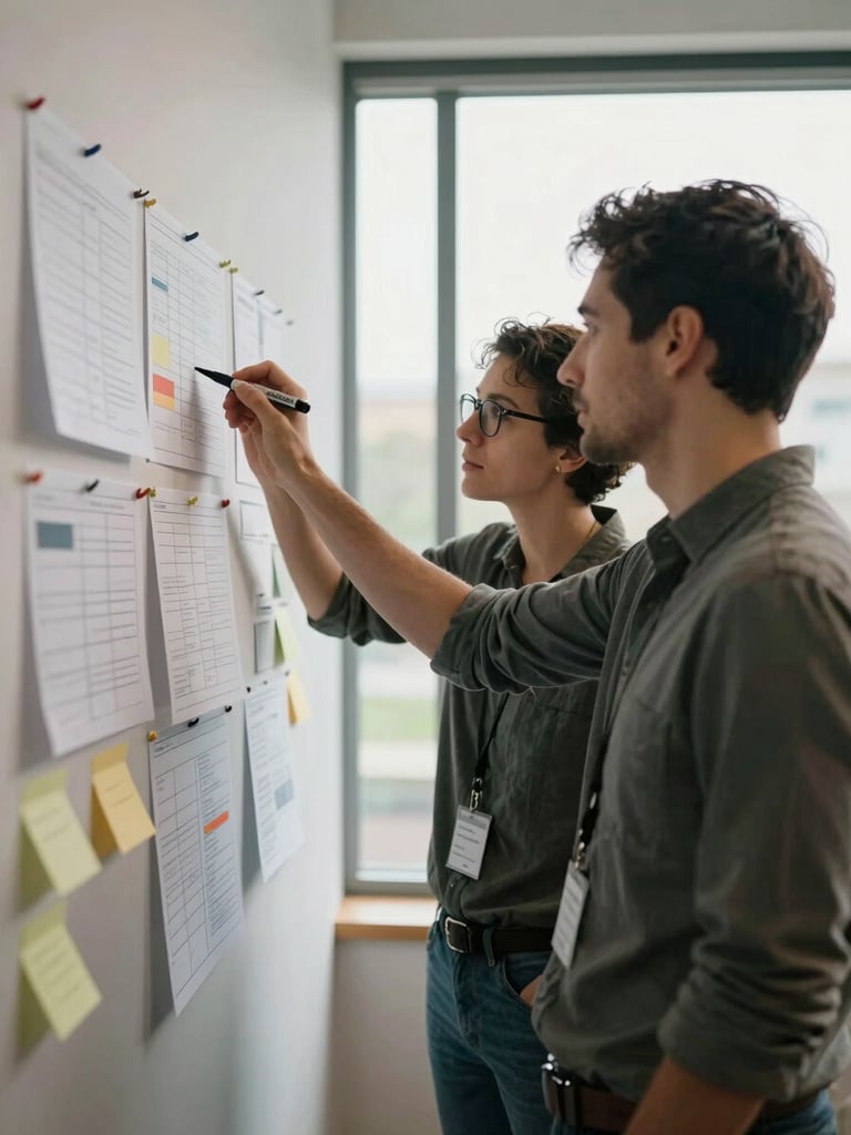 Close editorial frame: two collaborators side by side reviewing a mood board pinned to a wall, one holding a marker mid-gesture, natural light from a wide window behind them casting soft shadows, printed strategy sheets and sticky notes visible in the foreground, documentary candid style