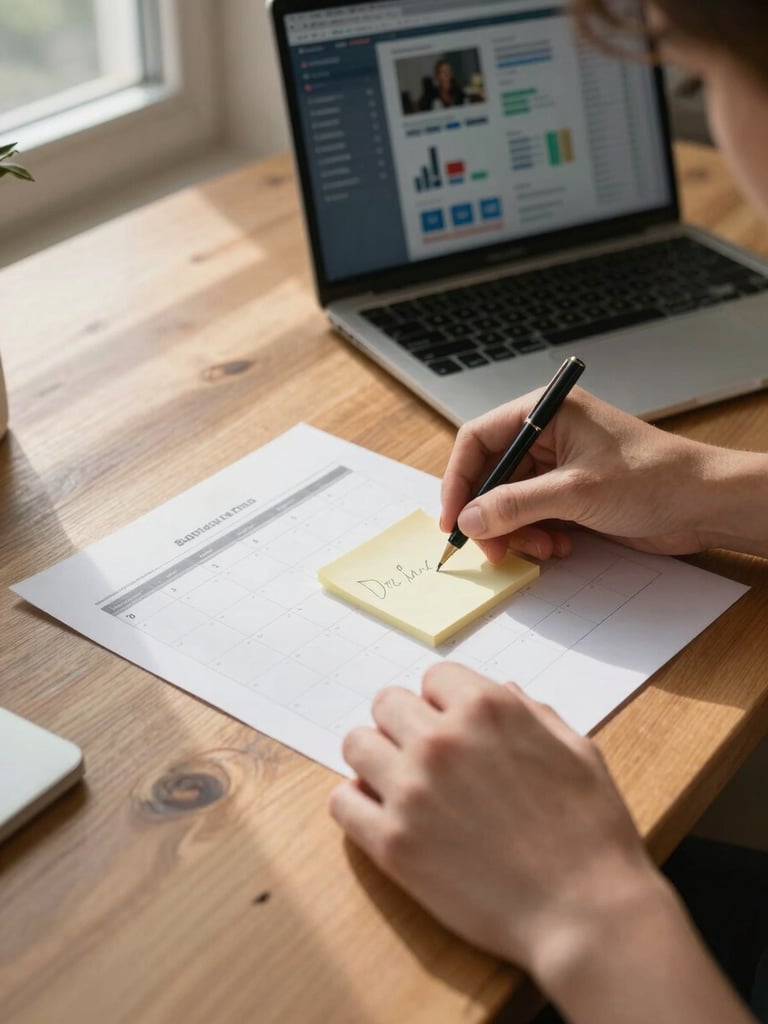 Close-up of hands arranging sticky notes and a printed content calendar on a wide wooden desk, natural window light raking across the surface from the left, a laptop open in the soft background showing a social media analytics dashboard, warm tones, documentary framing, no people's faces visible