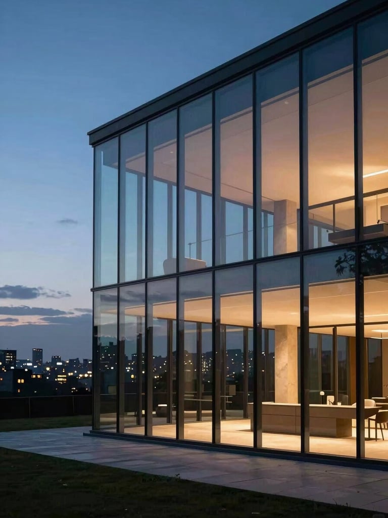 Wide environmental shot of a floor-to-ceiling glass facade of a modernist villa at dusk, the interior volumes visible as dark geometric masses behind the glass, city lights beginning to emerge in the distance, no people, architectural framing