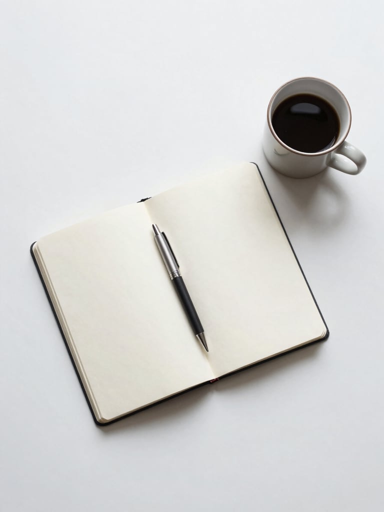 Overhead flat-lay of a clean desk surface with a single open notebook, a pen resting on the page, and a minimal ceramic cup to the side — bright studio light, high-key, white and light gray tones, no clutter