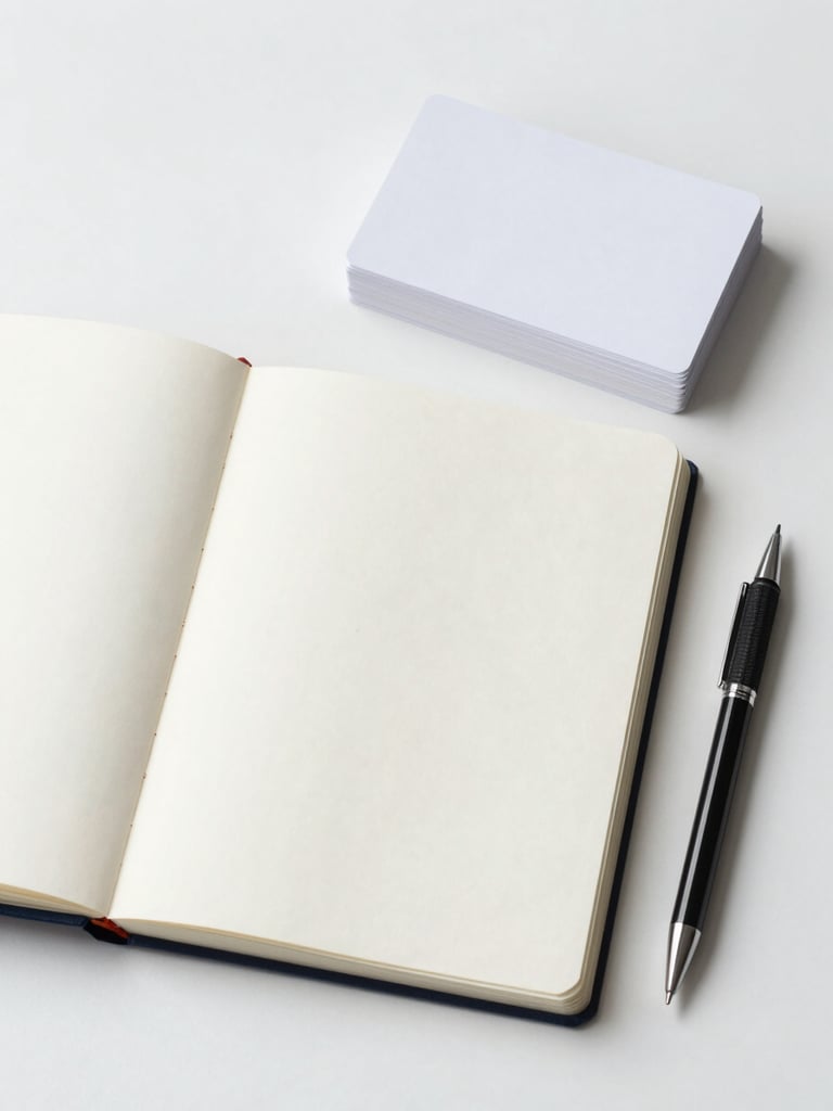 Overhead flat-lay of a minimal desk — single open notebook, a short stack of reference cards, and one mechanical pencil on a white surface, bright studio lighting, high-key and clean, no clutter, everything precisely placed