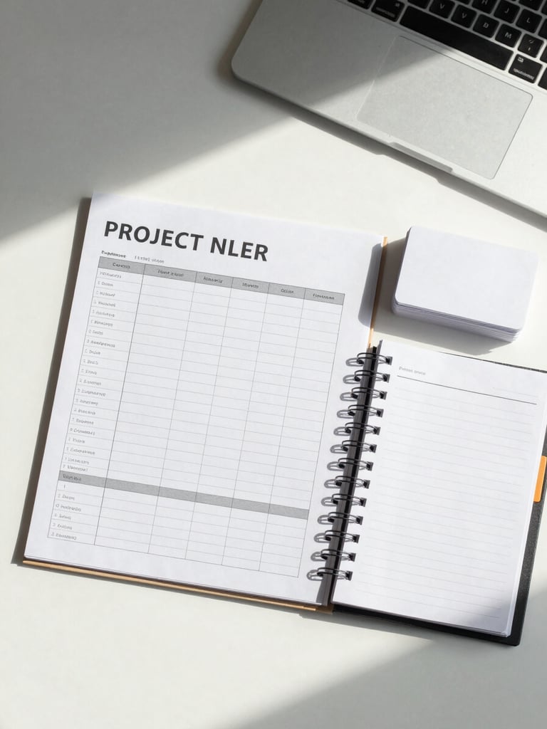 Overhead flat-lay of an organized minimal desk: a printed project tracker sheet, a spiral planner, and a short stack of index cards on a white surface under bright north-facing studio light, no hands, no clutter, high-key and clean