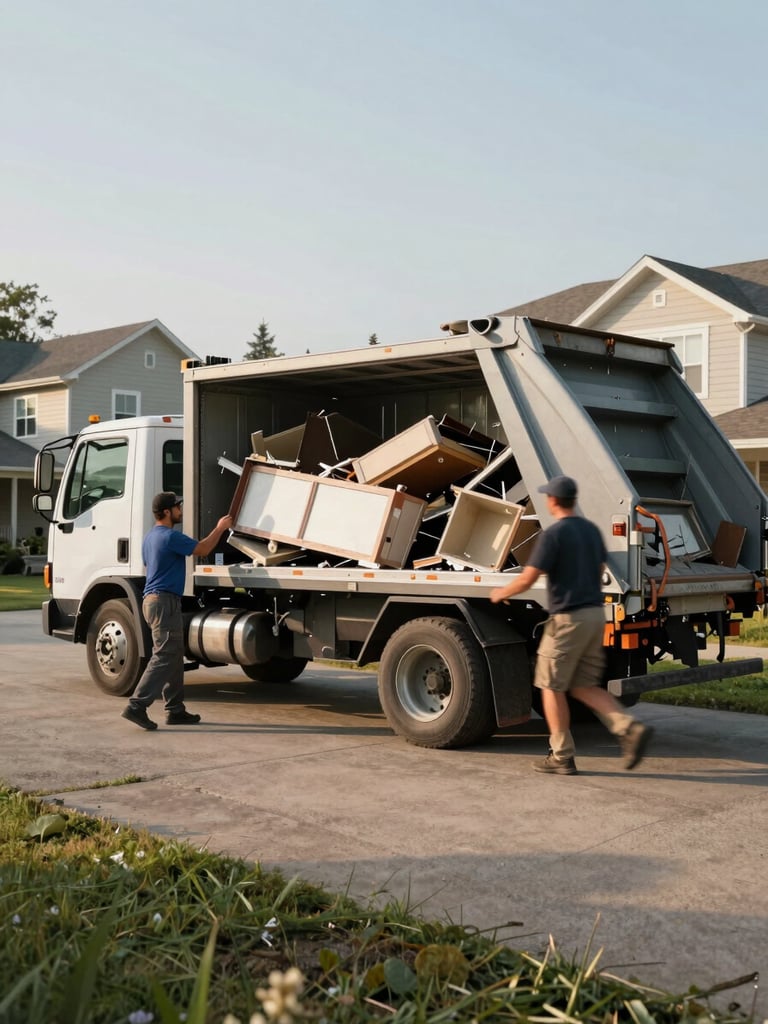 Wide side shot of a loaded junk removal work truck in a residential driveway, Fargo neighborhood, two crew members actively tossing broken furniture into the open truck bed, natural afternoon daylight, motion blur on the arms