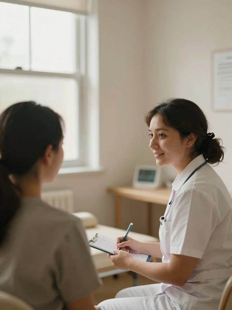 Candid close-up of a community health center interior, showing a patient consulting with a nurse in a warm, well-lit examination room, natural window light, soft desaturated earth tones, 35mm