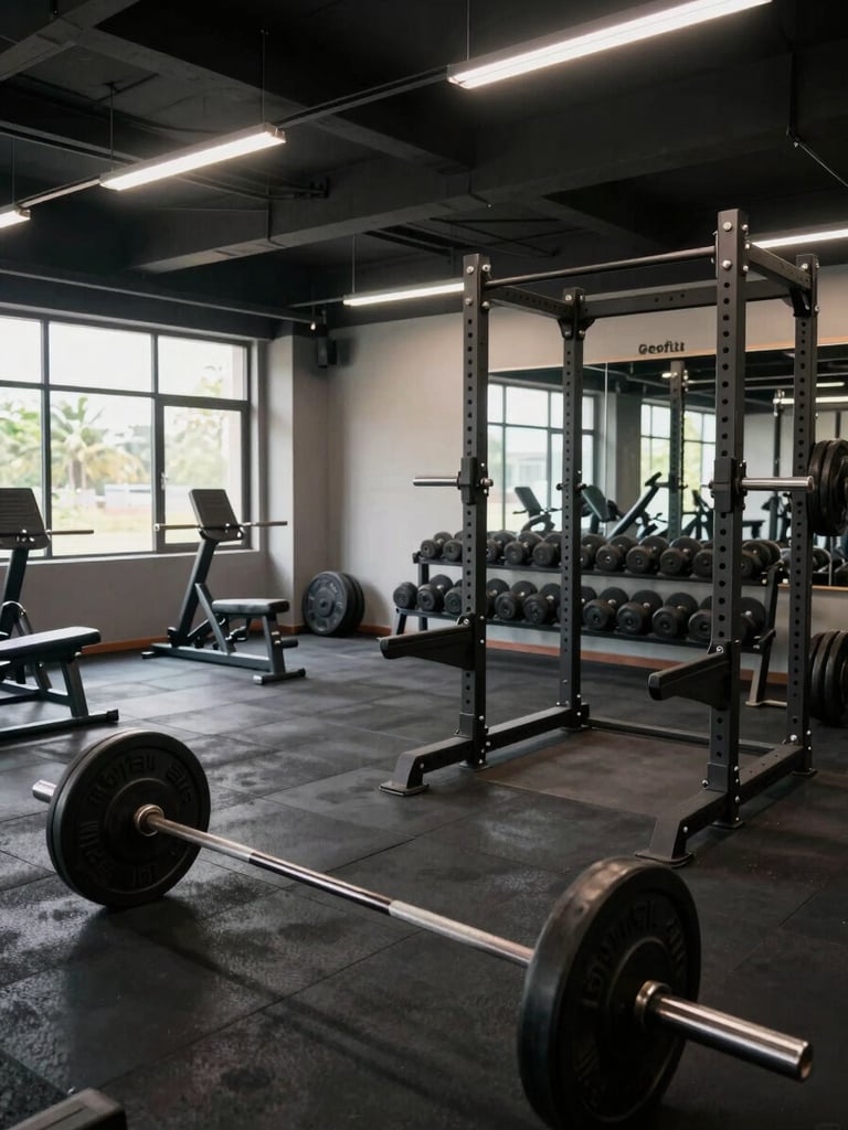 Documentary-style wide shot of a completed Geofit gym interior in Kerala — squat racks and barbells in the foreground, dumbbell rack lining the far wall, rubber flooring, overhead fluorescent lights on, side window daylight mixing with artificial, no people, the full room layout visible in one frame
