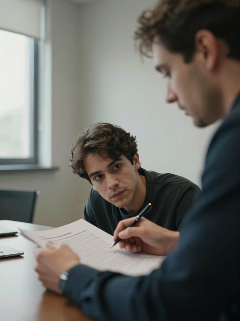 Close-up of two people in a sparse conference room, one leaning forward across a table mid-conversation, coaching notes and a printed sales report visible between them, natural window light from the left, muted tones, tight framing on faces and hands